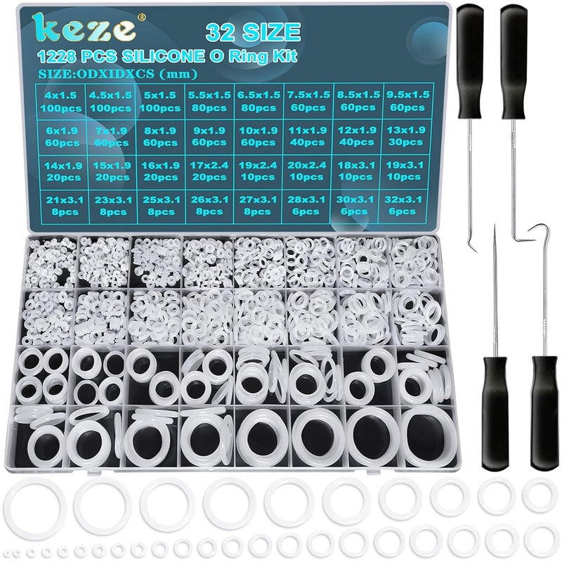 Keze 1228 Pcs 32 Size Clear Food Grade Silicone O Rings Assortment Kit with Pick and Hook,White Heat Resistance VMQ Seal O Ring Set Metric OD:4-32mm - Image 1